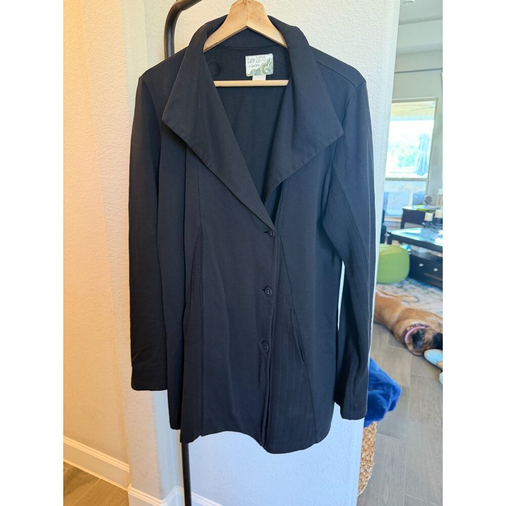 Lucky Brand Lucky Lotus Black Knit Blazer Womens L Longline Stretch Jacket Coat